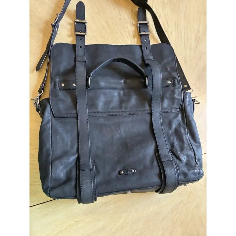 VTG Frye Logan Top Handle Black Distress Leather Briefcase Messenger Laptop Bag